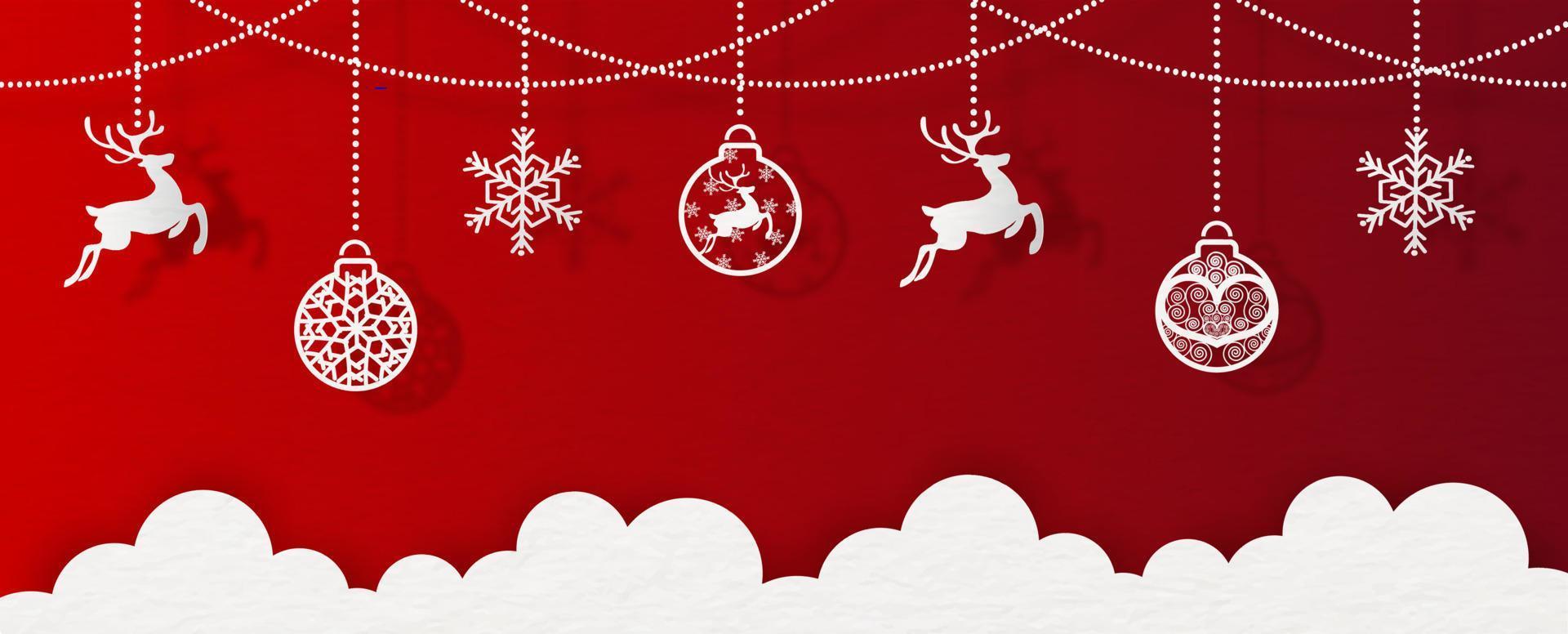 decorar bolas de navidad y objetos símbolo de navidad colgar con nube blanca sobre fondo rojo. tarjeta de felicitación navideña en estilo de corte de papel y diseño de banner vectorial. vector