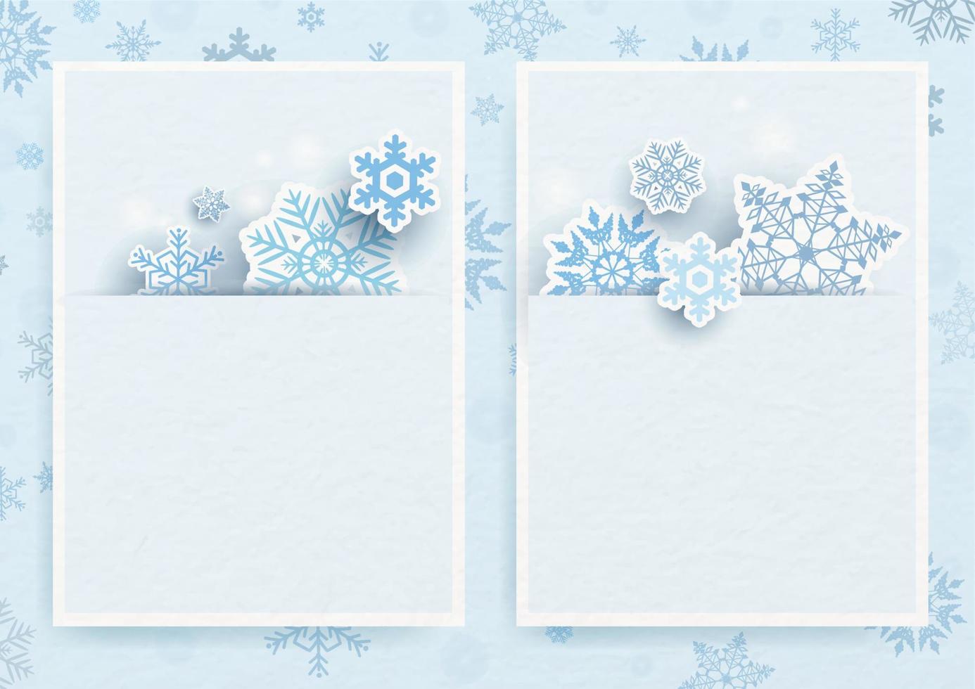Blue snow flake in paper cut style put in postcards with space for texts on silhouette snow flakes pattern and white paper pattern background. Christmas greeting card and poster in vector design.