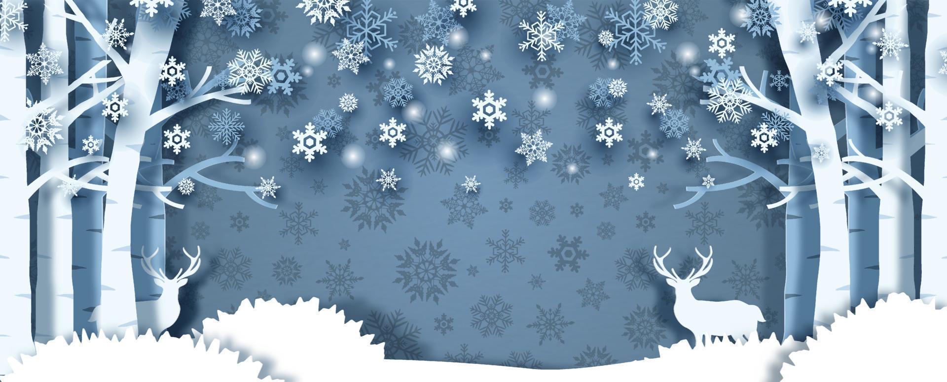 Closeup and crop winter season of pine forest with deers, space for texts on silhouette snow flake pattern and blue background. Christmas greeting card in paper cut style and banner vector design.