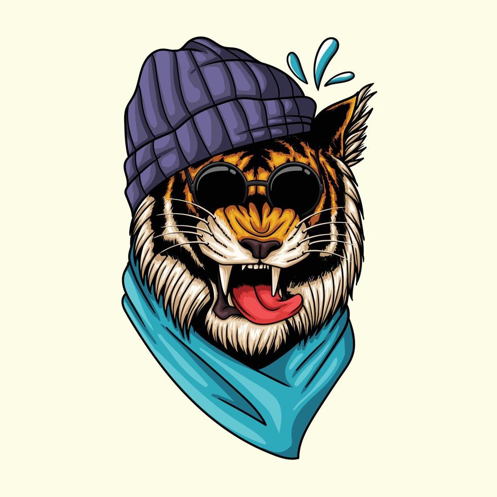 cabeza de tigre con gorro y bandana ilustración vectorial vector