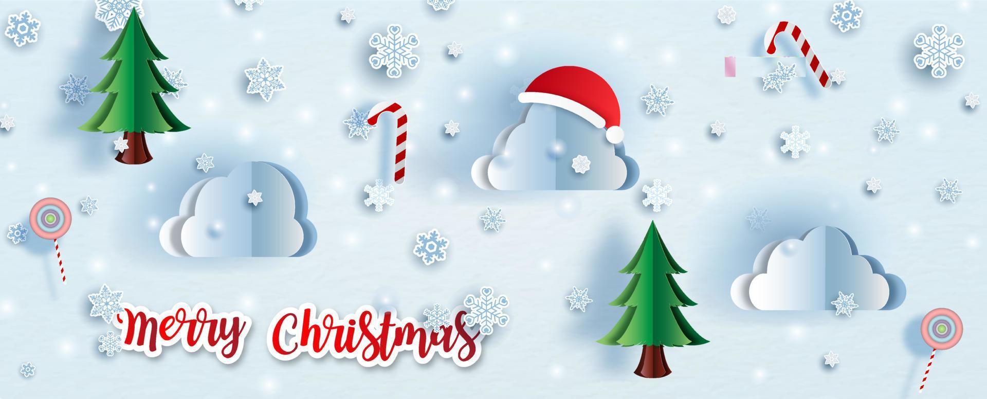 Christmas symbol with clouds and Merry Christmas lettering in paper cut style on blue paper pattern background. Christmas greeting card in banner and vector design.