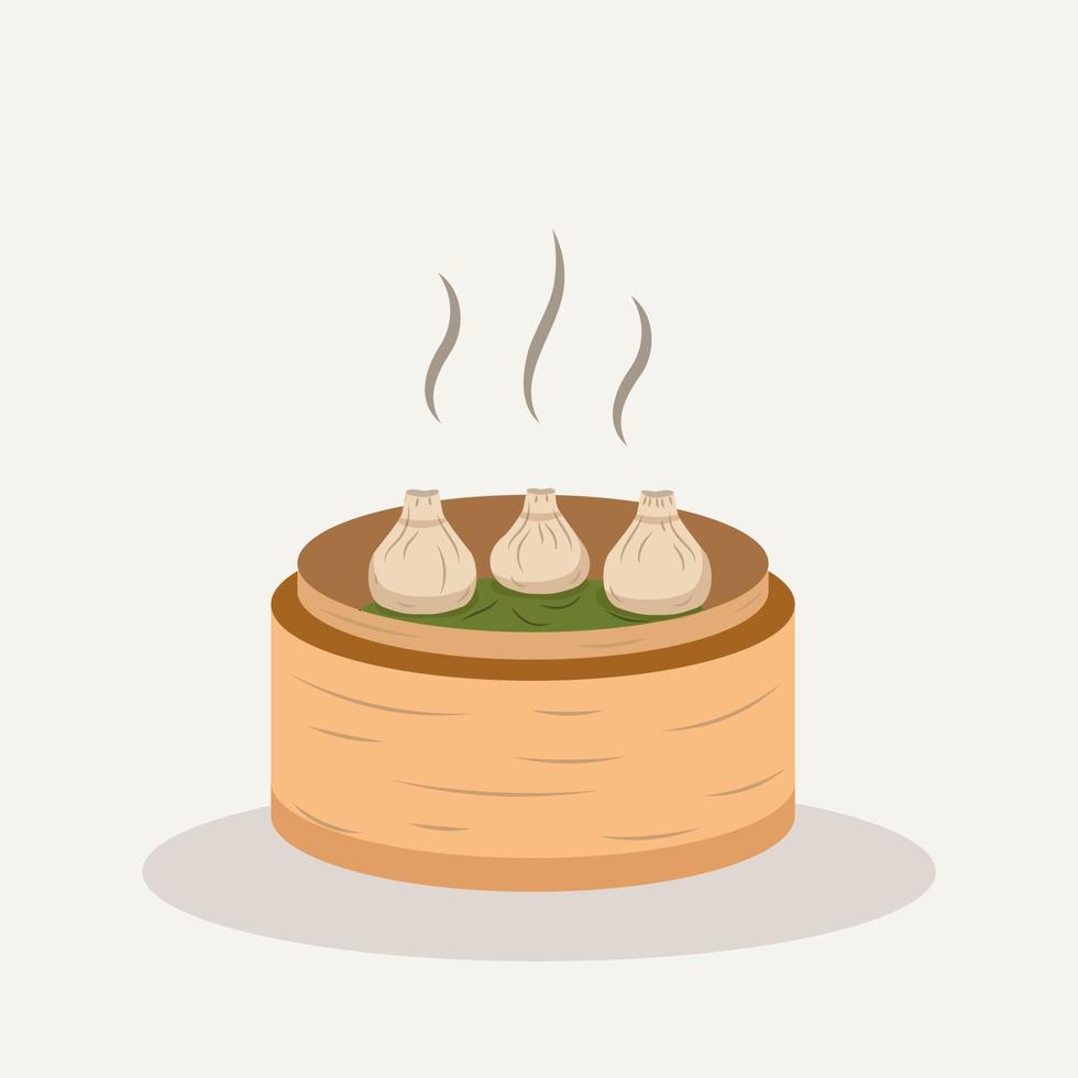 Chinese dim sum in basket. Delicious Asian food Traditional. Dumpling on Steamed Vector illustration