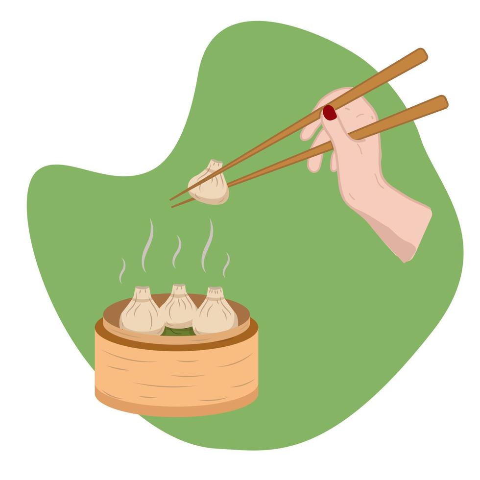 Chinese dumplings on plate with Chopsticks. Delicious Asian food Traditional. Vector illustration.