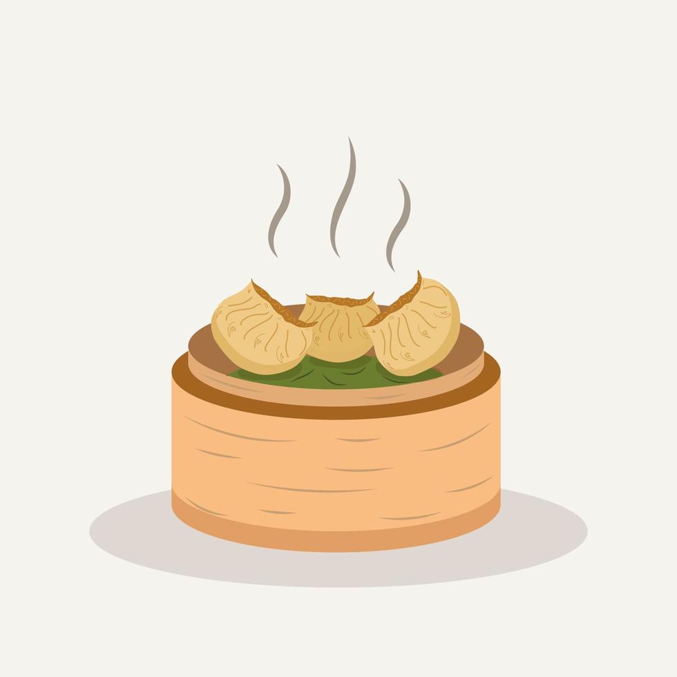 Chinese dim sum in basket. Delicious Asian food Traditional. Dumpling on Steamed Vector illustration