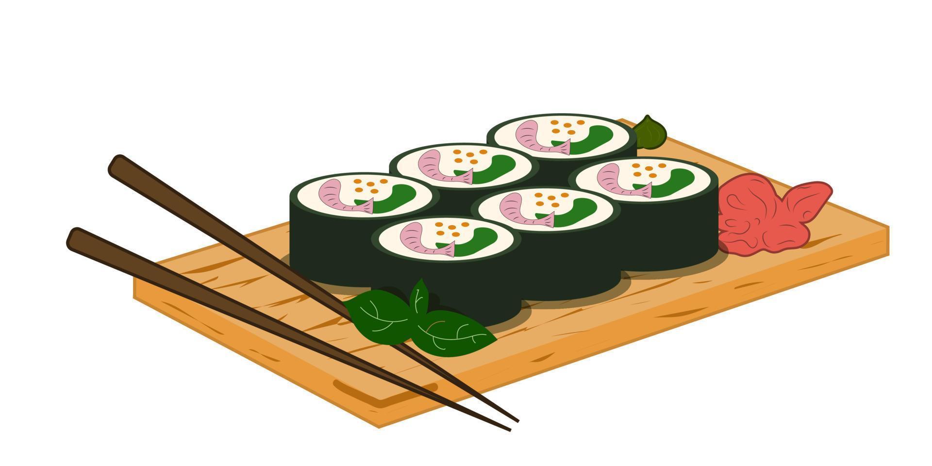 Sushis rolls, wooden board with chopsticks, soya souse. Asian food Vector illustration