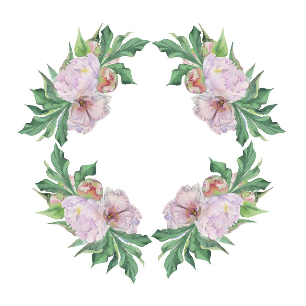 Watercolor circle frame arrangement with hand drawn delicate pink peony flowers, buds and leaves. Isolated on white background. For invitations, wedding, love or greeting cards, paper, print, textile vector