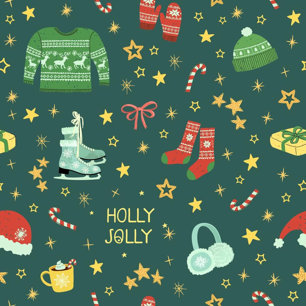 Vector seamless pattern with colorful illustrations of Christmas items. Use it for textile print, pattern fills, web page, wrapping paper, design of presentation and other graphic design