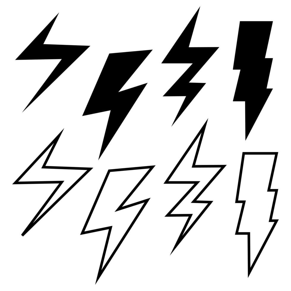 Set of electric lightning, thunder bolt in doodle style. isolated on white background. vector illustration