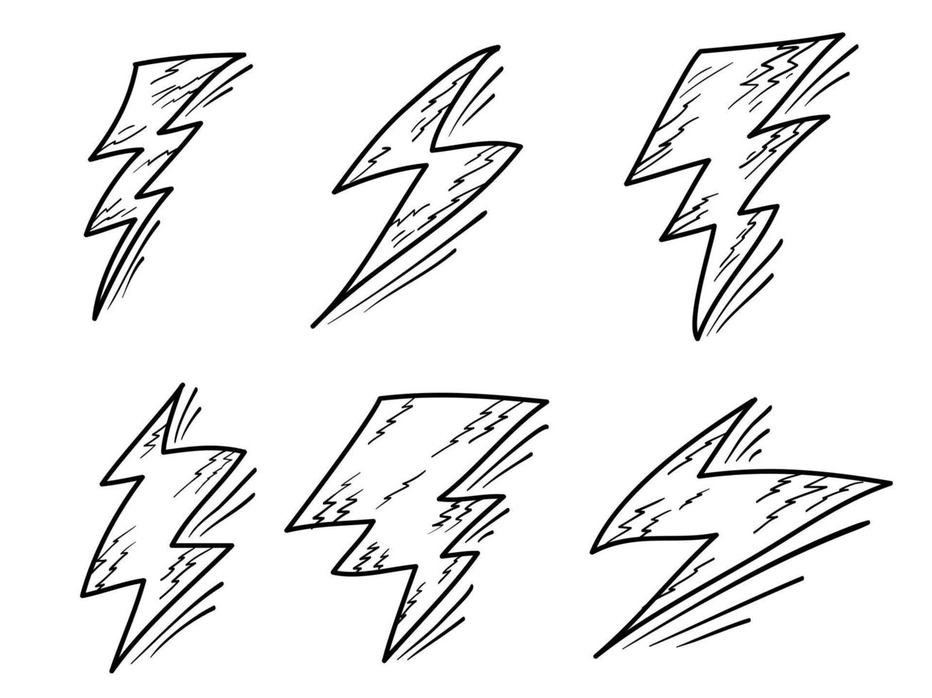 conjunto de relámpagos eléctricos dibujados a mano. doodle trueno y tormenta. aislado sobre fondo blanco. ilustración vectorial vector