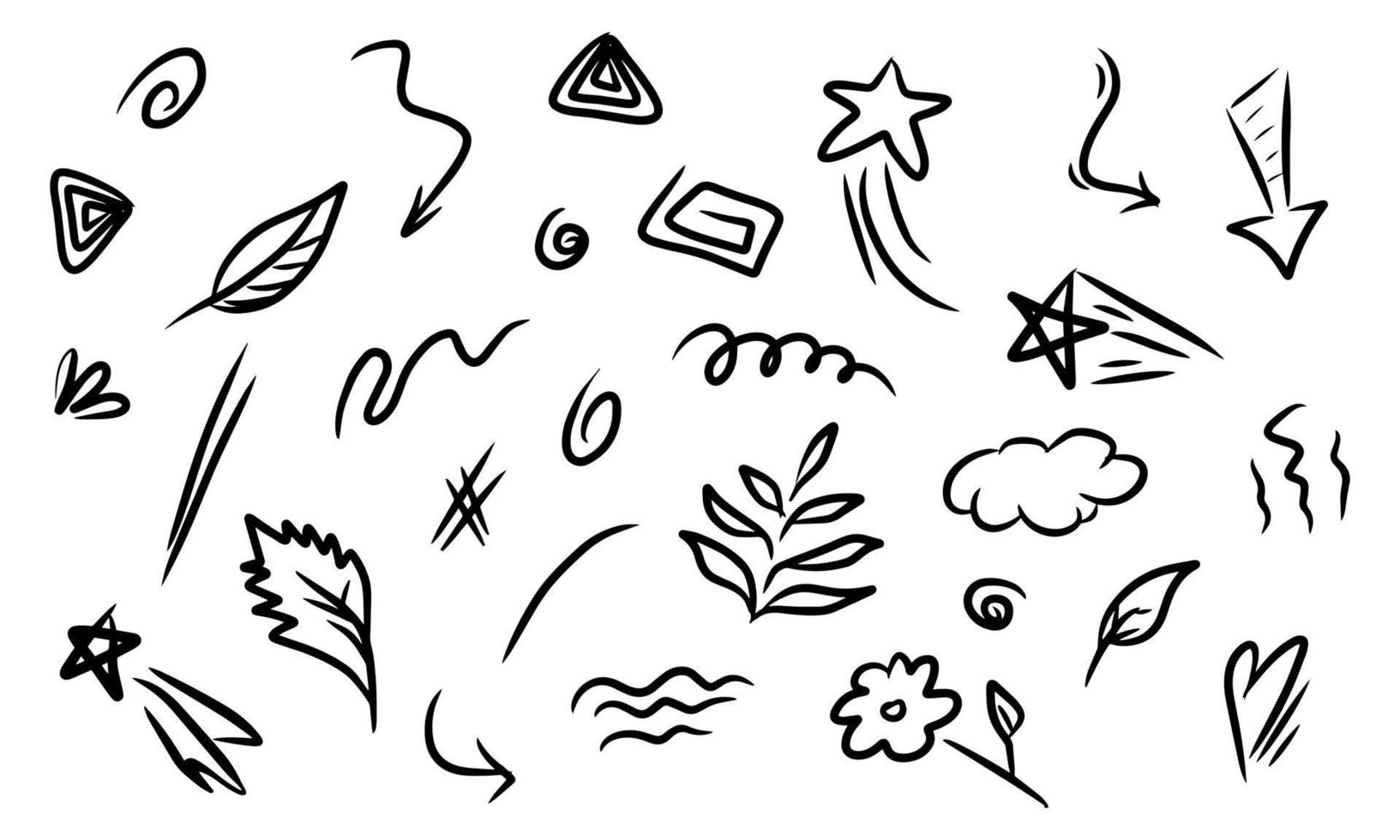 hand drawn set of abstract doodle elements with plant, star, swirl, swoosh, scribble, arrow, text emphasis. isolated on white background. vector illustration