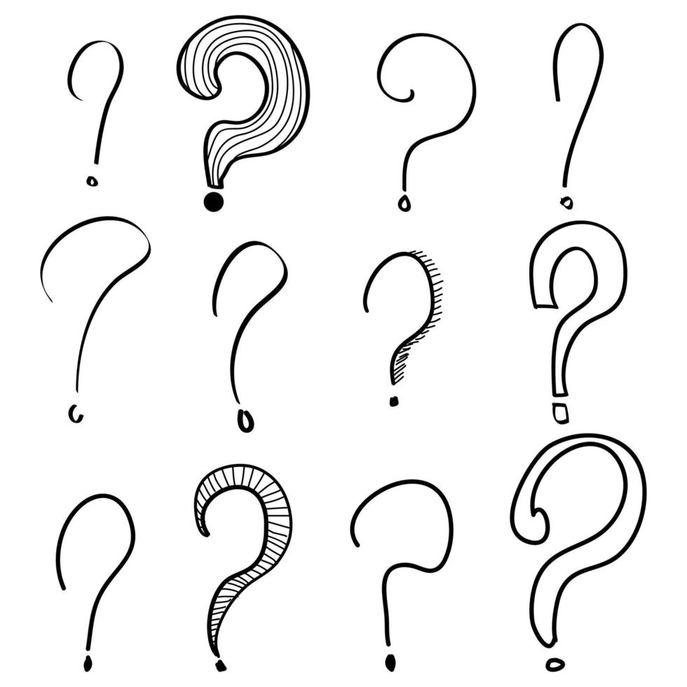 conjunto de signos de interrogación dibujados a mano. garabatear signos de interrogación. aislado en blanco y negro. ilustración vectorial vector