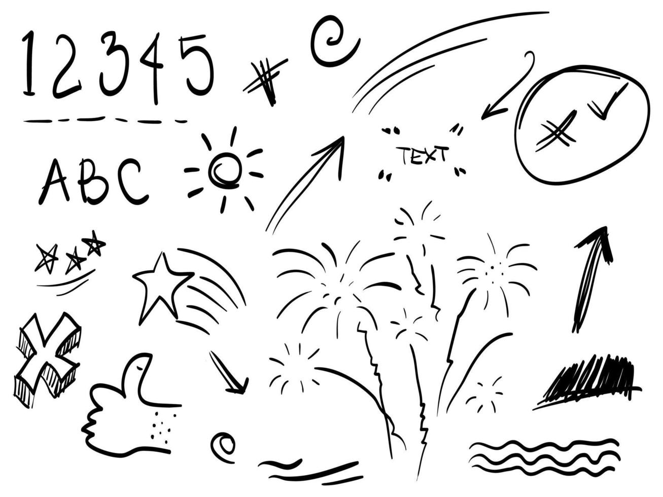 hand drawn set of abstract doodle elements. with fireworks, number, star, swirl, swoosh, scribble, arrow, text emphasis. isolated on white background. vector illustration