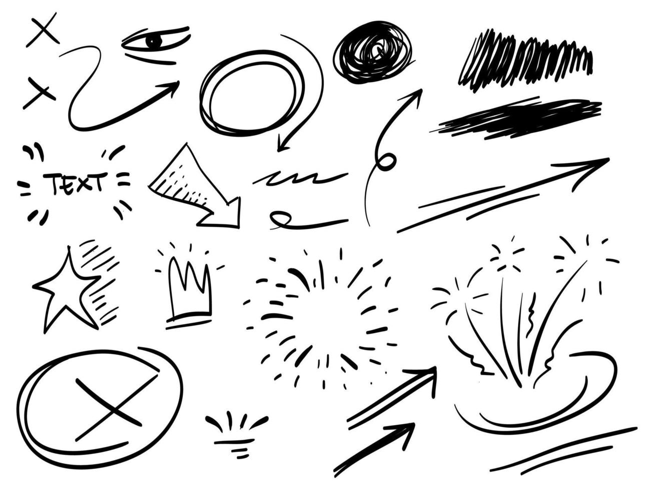 hand drawn set of abstract comic doodle elements. with crown, fireworks, swirl, swoosh, scribble, arrow, text emphasis. isolated on white background. vector illustration