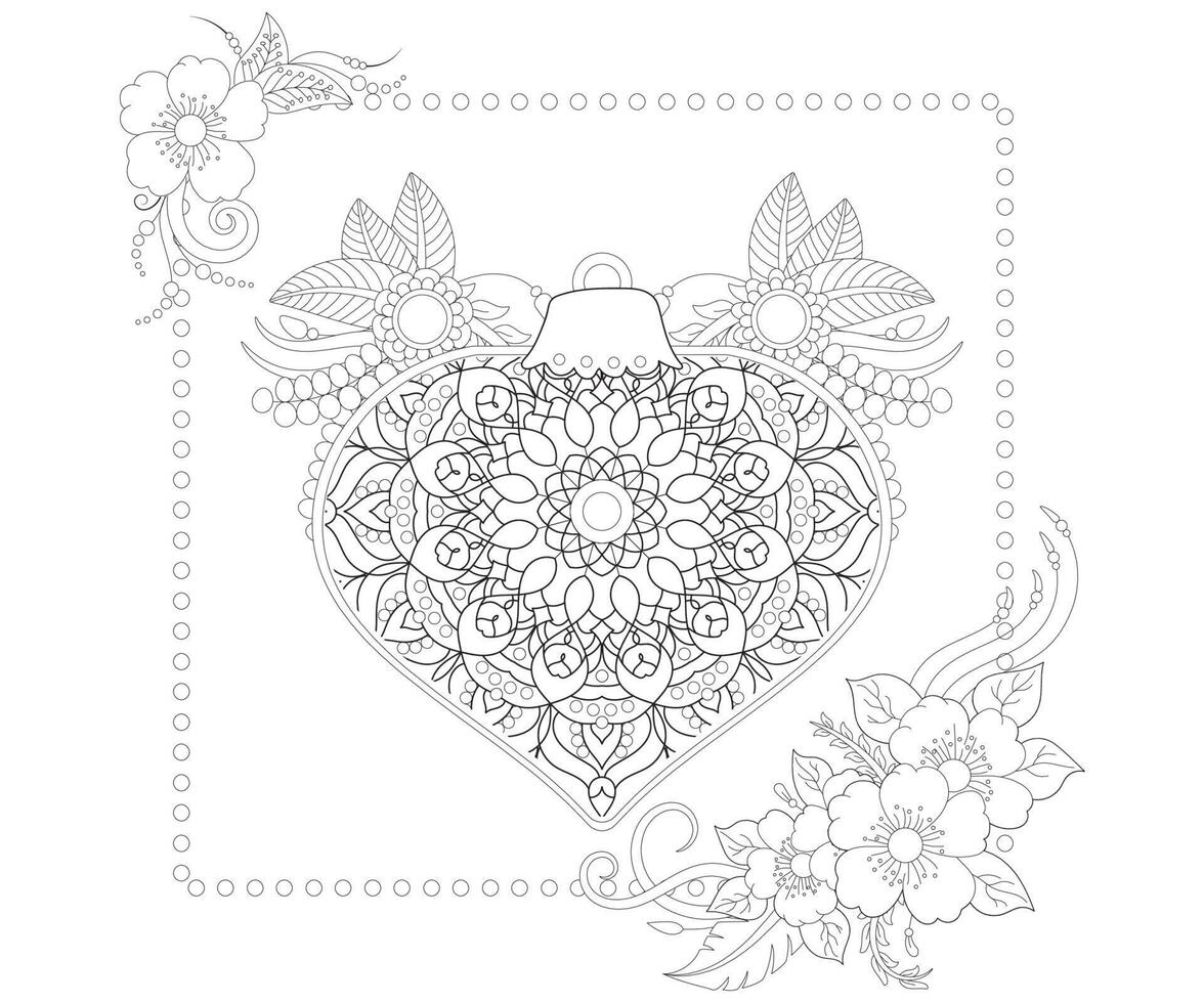 página de coloración de bolas de navidad para estilo garabato con flor mehendi. vector