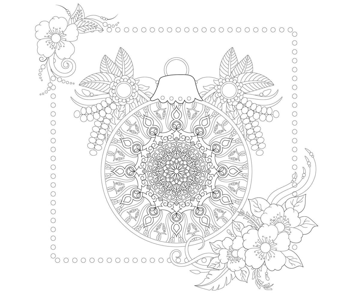 página de coloración de bolas de navidad para estilo garabato con flor mehendi. vector