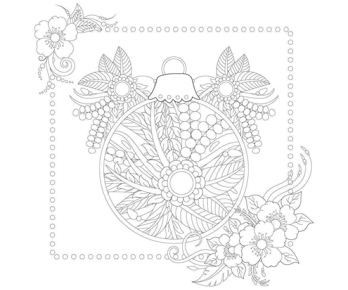 página de coloración de bolas de navidad para estilo garabato con flor mehendi. vector
