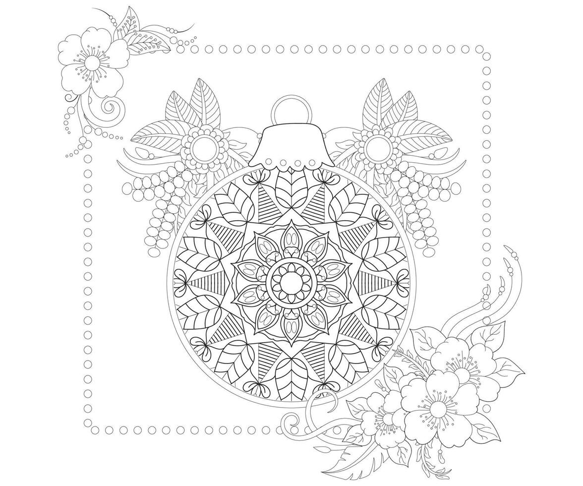 página de coloración de bolas de navidad para estilo garabato con flor mehendi. vector