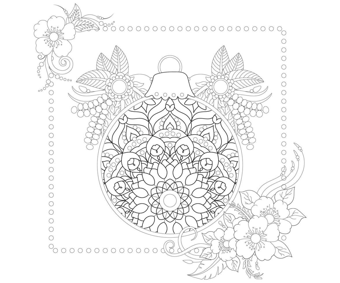 página de coloración de bolas de navidad para estilo garabato con flor mehendi. vector