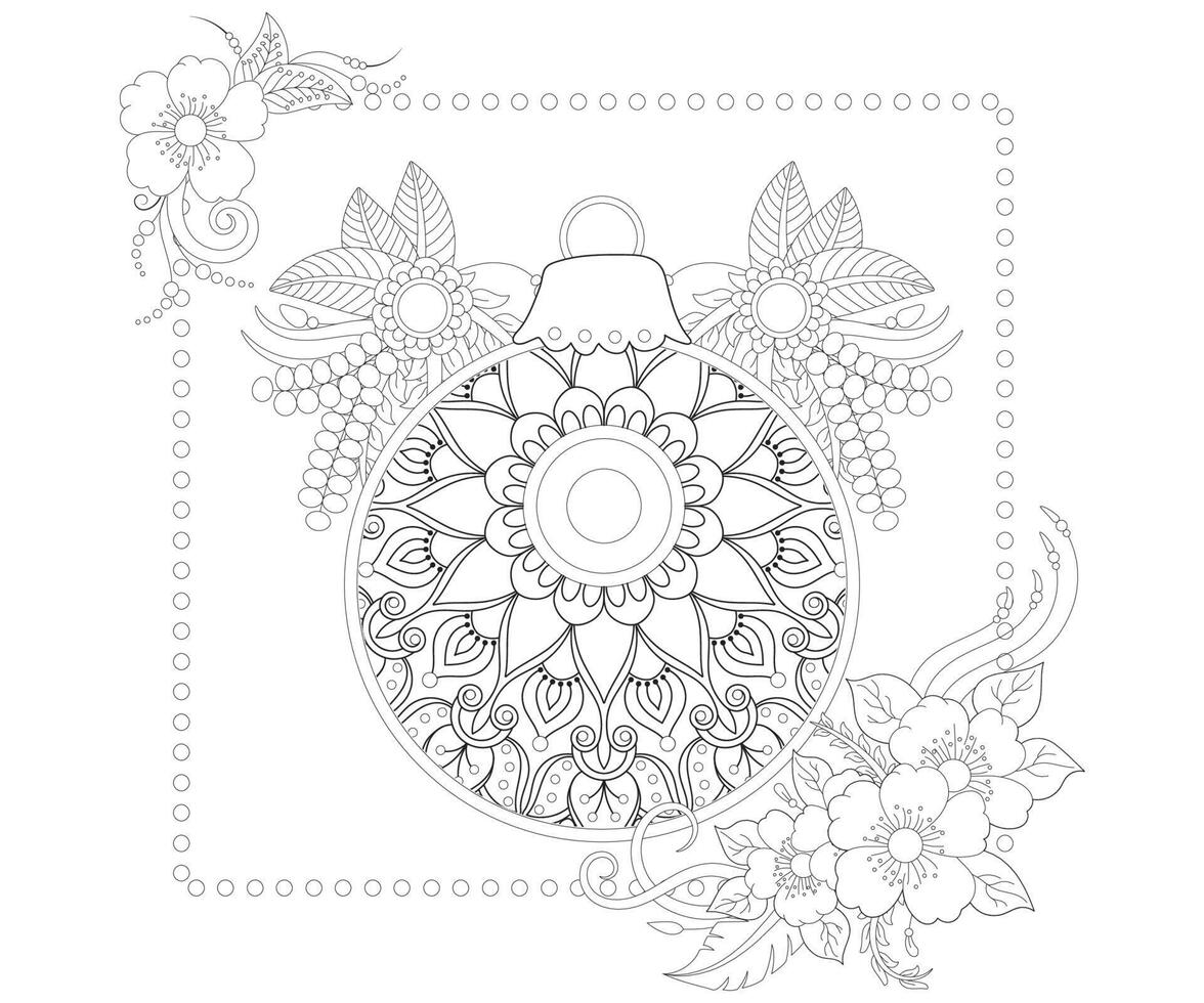 página de coloración de bolas de navidad para estilo garabato con flor mehendi. vector