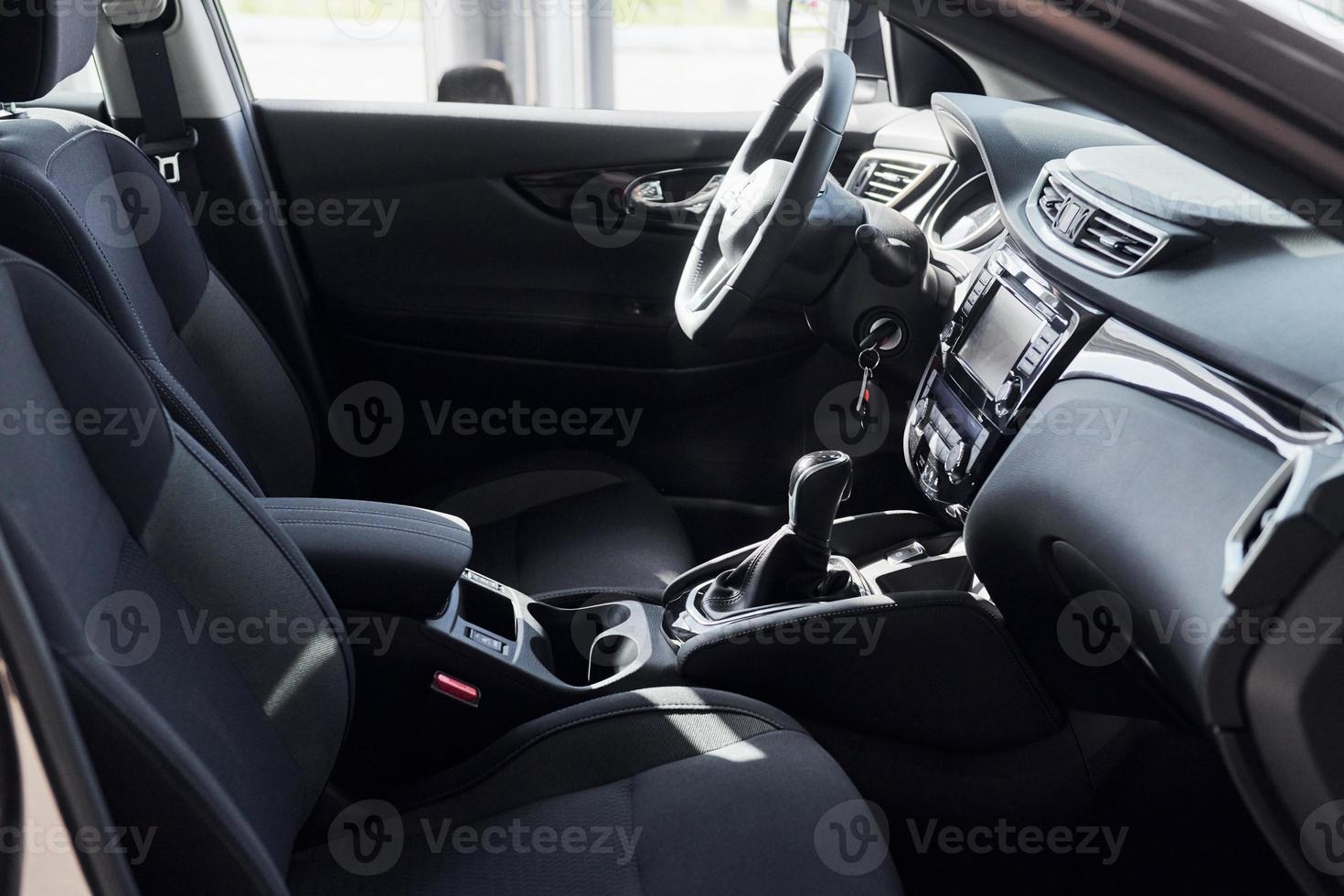 Steering wheel and front panel. Modern new luxury automobile interior. Design and technology photo