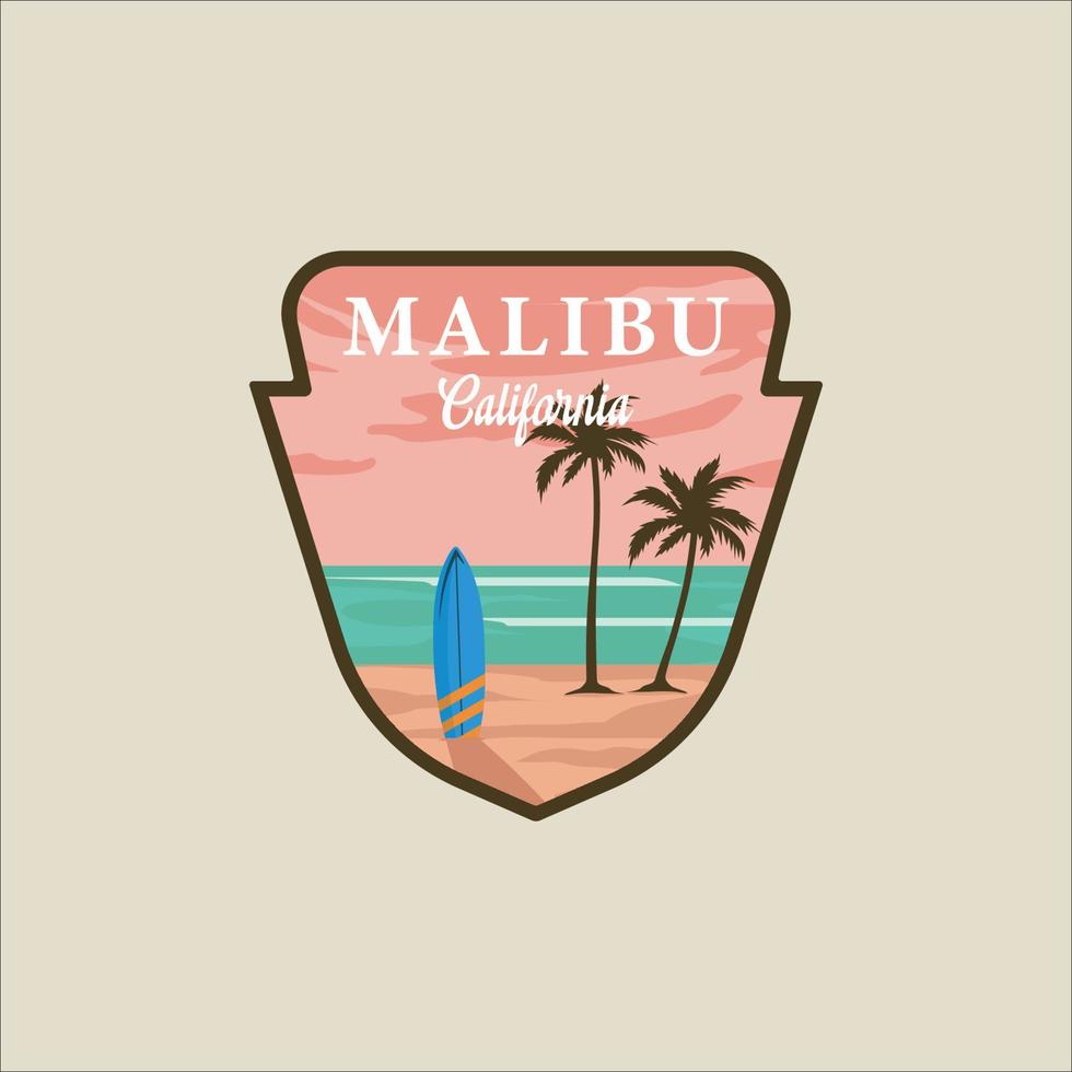 malibu, california, playa, vector, emblema, ilustración, plantilla, gráfico, icono, diseño. banner de viaje de surf y etiqueta de insignia de signo para concepto de negocios o vacaciones vector