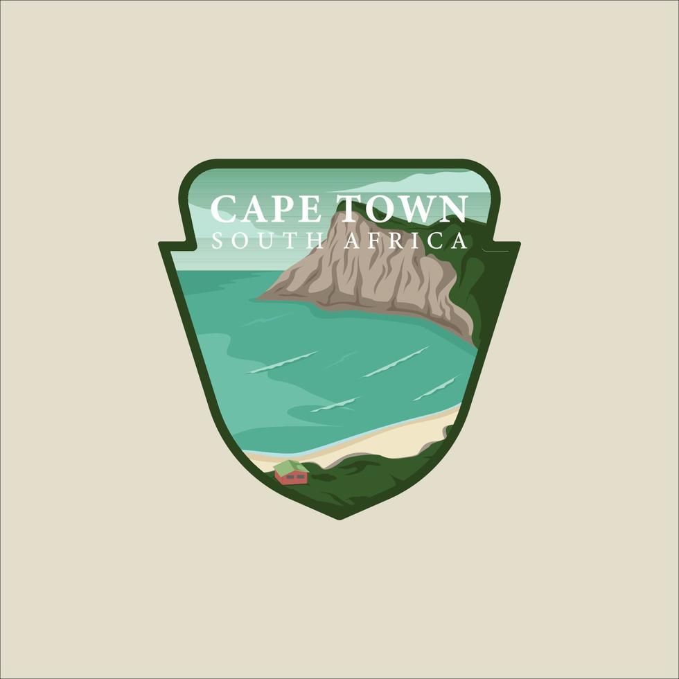 diseño gráfico de la plantilla de ilustración vectorial del emblema de la playa de ciudad del cabo. Famosa vista paisajística de la isla de Sudáfrica con etiqueta de insignia para viajes de negocios o concepto de ocio de aventura vector