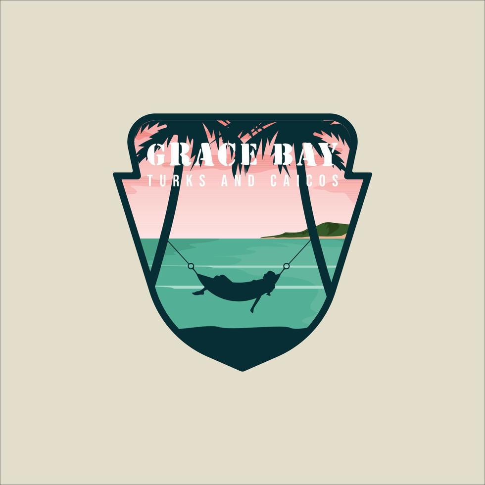 Grace bay beach vector emblema ilustración plantilla gráfico icono diseño. banner de la isla turca y caicos y etiqueta de identificación con una chica en una hamaca para viajes de negocios o concepto de vacaciones