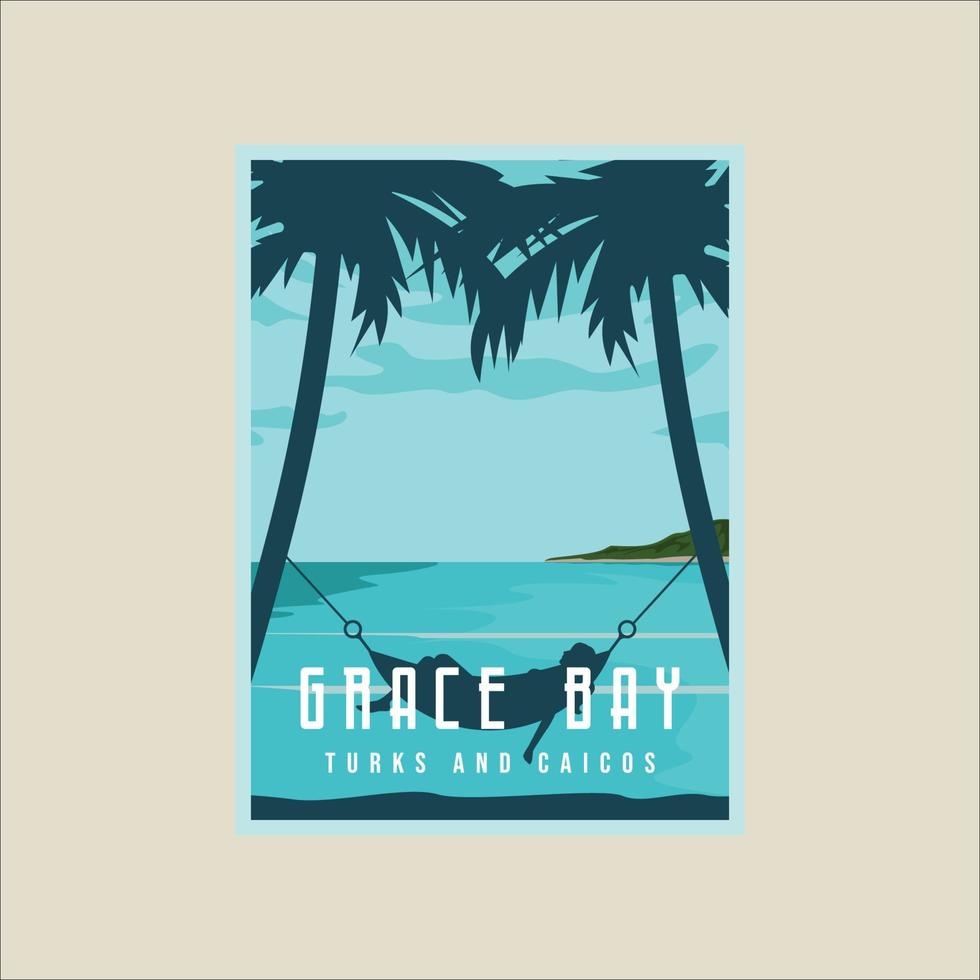 Diseño gráfico de la plantilla de ilustración de afiches vectoriales de Grace Bay Beach. bandera de la isla turca y caicos y cartel con una chica en una hamaca para viajes de negocios o concepto de vacaciones vector