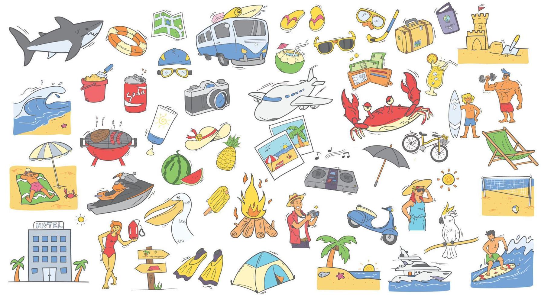 conjunto de ilustración de doodle de vacaciones de verano vector
