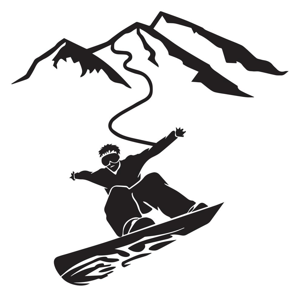 Person riding snowboard. Snowboarder in action vector illustration. Extreme winter sports. Snowboarding emblem. Sport club logo. Snowboarding equipment.