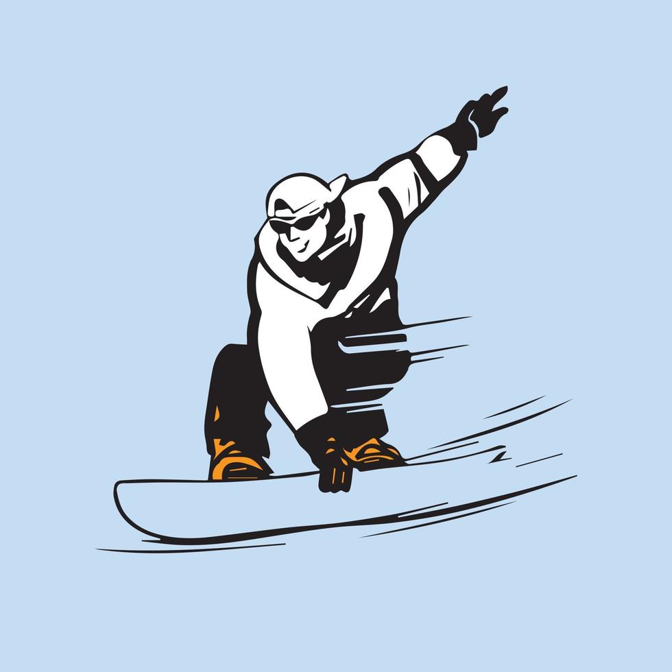 Person riding snowboard. Snowboarder in action vector illustration. Extreme winter sports. Snowboarding emblem. Sport club logo. Snowboarding equipment.