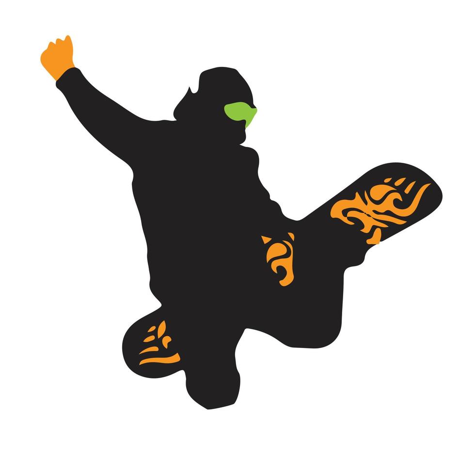 Person riding snowboard. Snowboarder in action vector illustration. Extreme winter sports. Snowboarding emblem. Sport club logo. Snowboarding equipment.