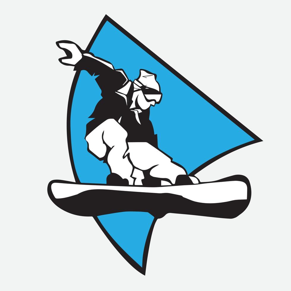 Person riding snowboard. Snowboarder in action vector illustration. Extreme winter sports. Snowboarding emblem. Sport club logo. Snowboarding equipment.