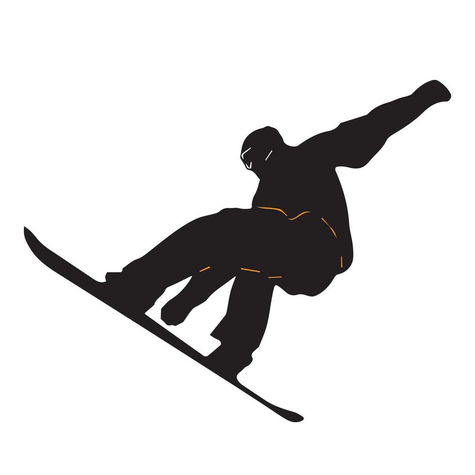 Person riding snowboard. Snowboarder in action vector illustration. Extreme winter sports. Snowboarding emblem. Sport club logo. Snowboarding equipment.