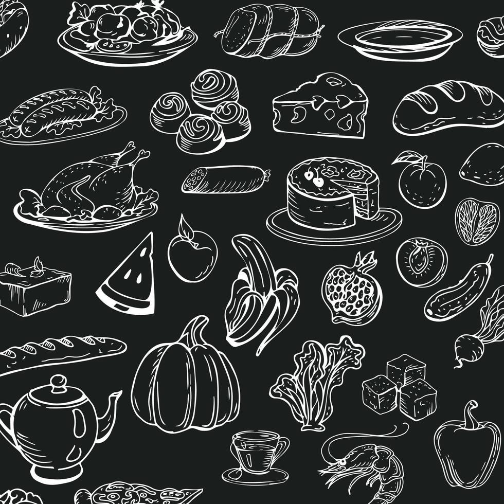 Farmer's market background with line icons. Fruits, vegetables, eggs, meat and fish - Vector