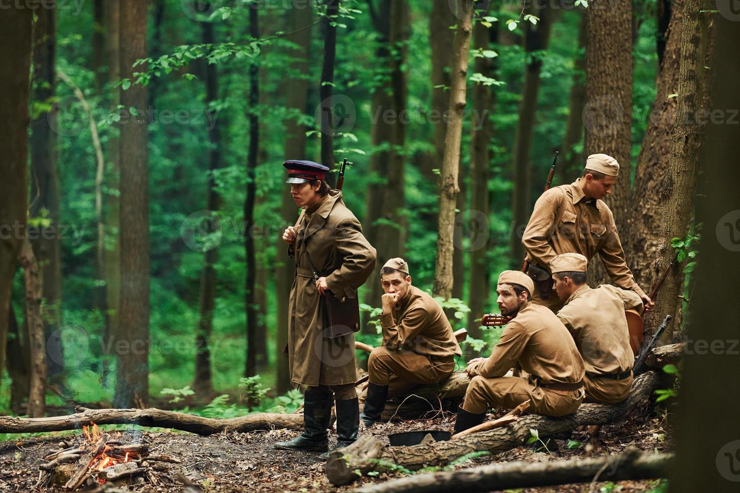 TERNOPIL, UKRAINE - June 2020 UPA Ukrainian Insurgent Army movie filming. Pictures of backstage. Soldiers taking a rest in the forest photo