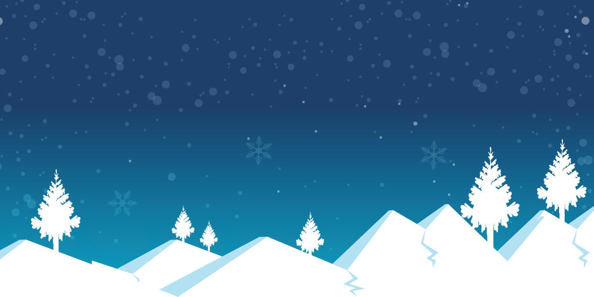 Vector illustration. Winter snowy landscape mountains and pines in the foreground with falling snowflakes
