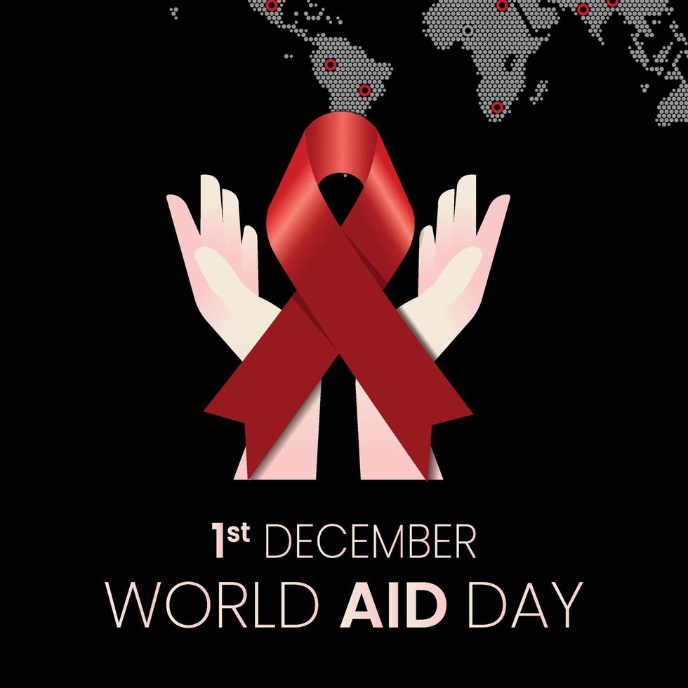 Red ribbon in hands on gray background, World Cancer Day, symbol of fight against HIV, AIDS and cancer. Concept of helping those in need. First december World AIDS Day Cancer Control. vector