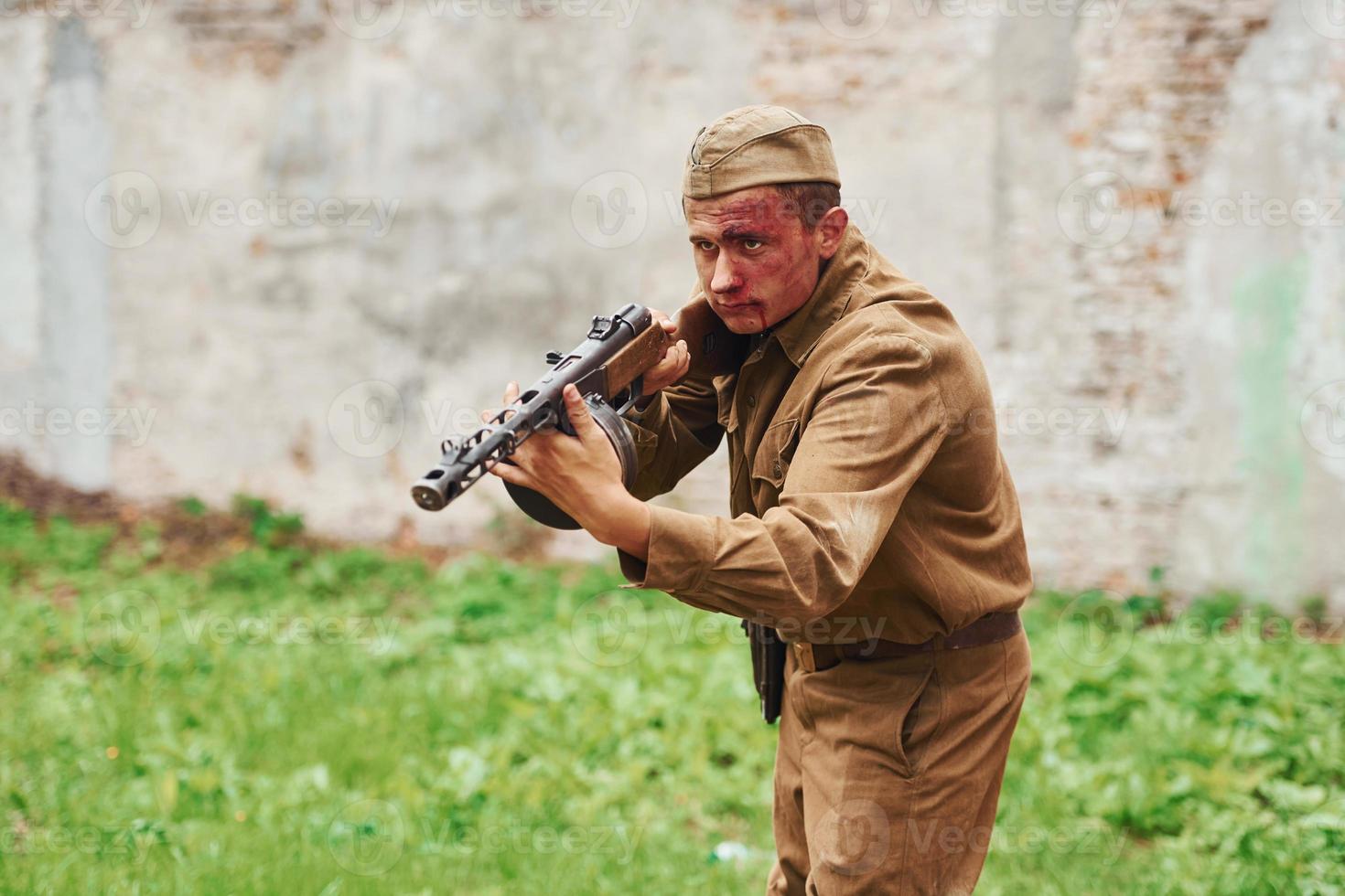 TERNOPIL, UKRAINE - June 2020 UPA Ukrainian Insurgent Army movie filming. Pictures of backstage. Young soldier with weapon photo