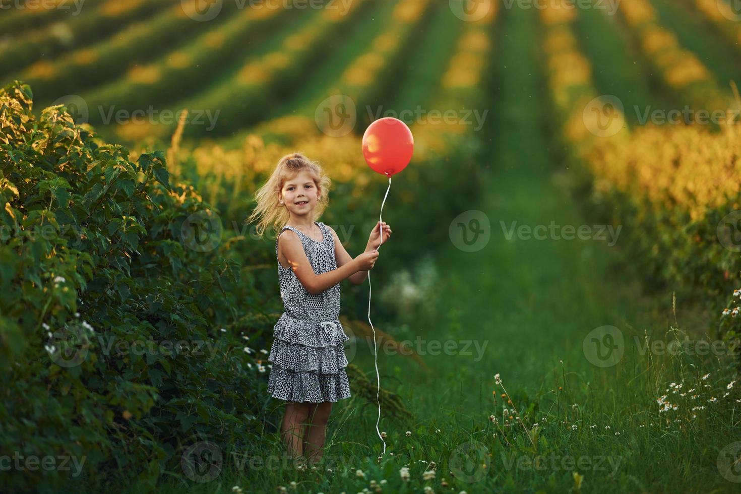 Positive little girl with red balloon in hands have fun on the field at summer day time photo