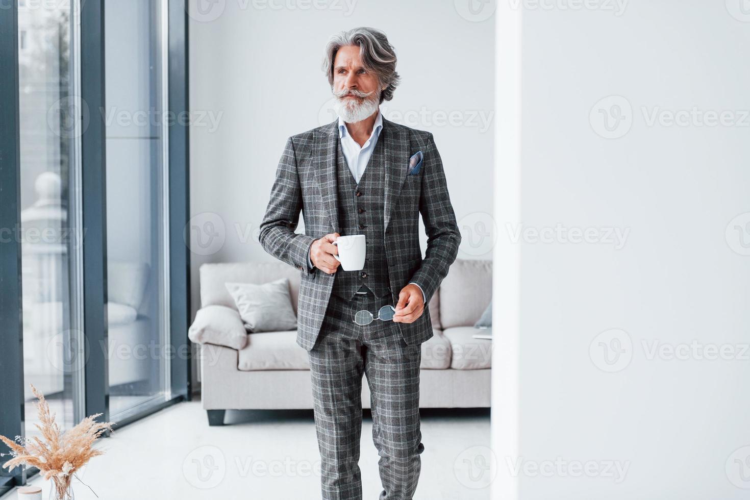 Standing in the room. Senior stylish modern man with grey hair and beard indoors photo