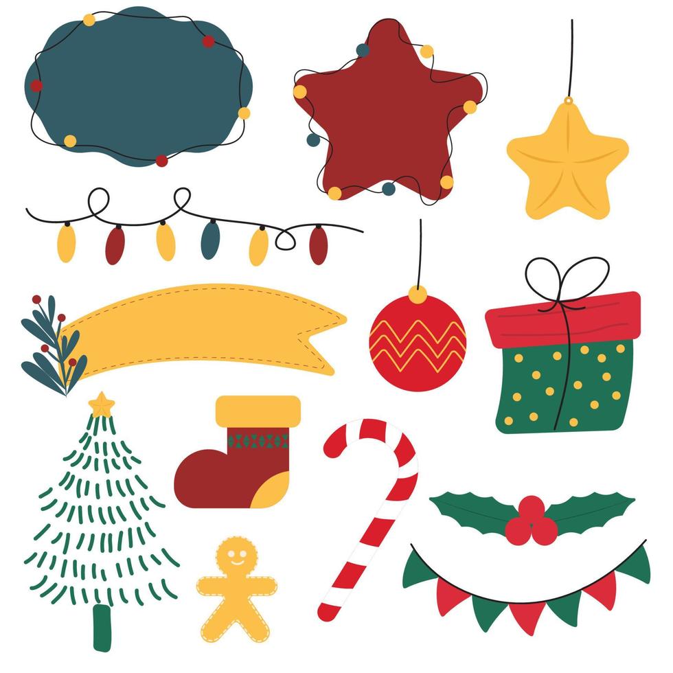 icon Set of Vector Christmas .Gift, Pine, Ball,  Gingerbread Man.