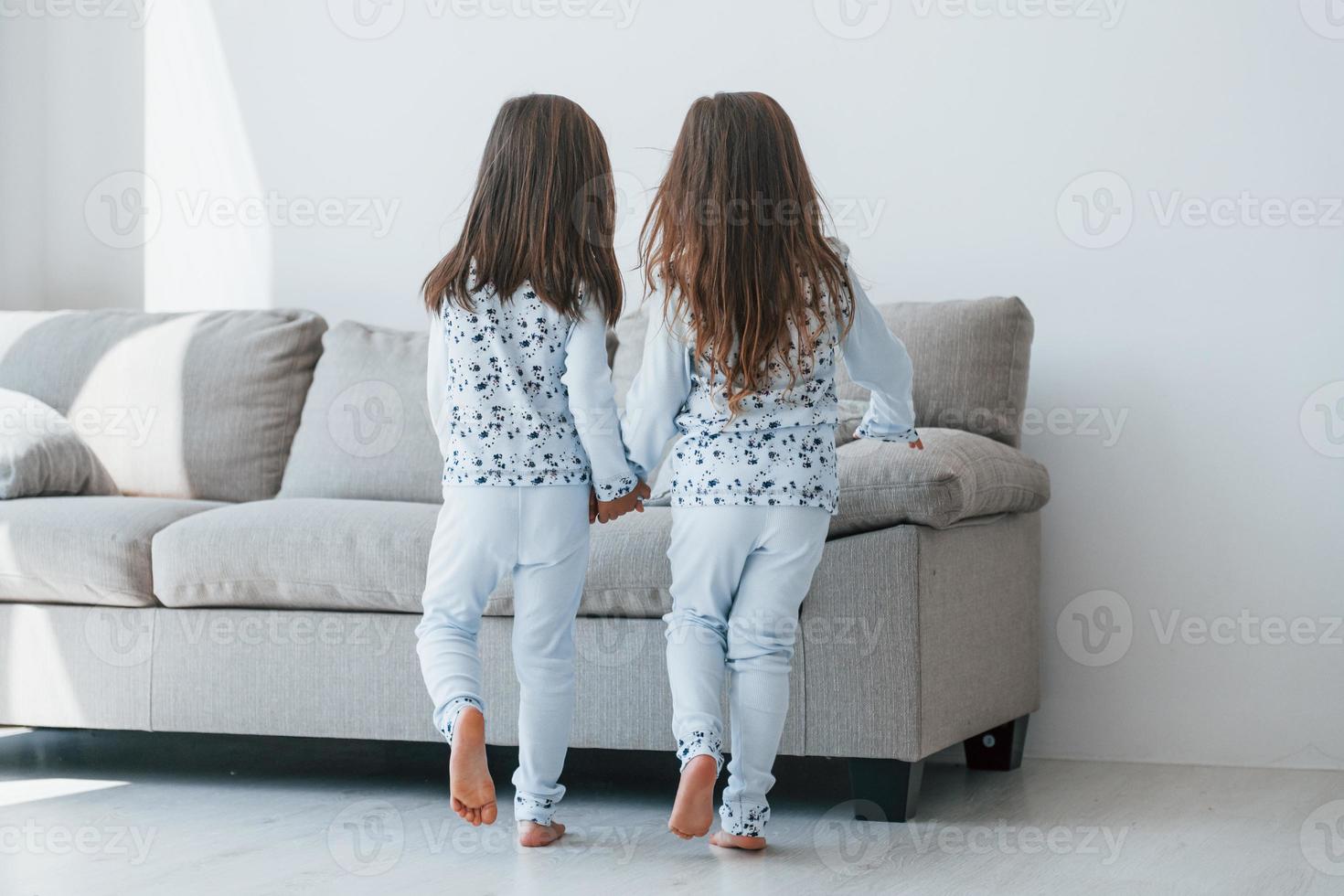 Holding each other's hand. Two cute little girls indoors at home together. Children having fun photo