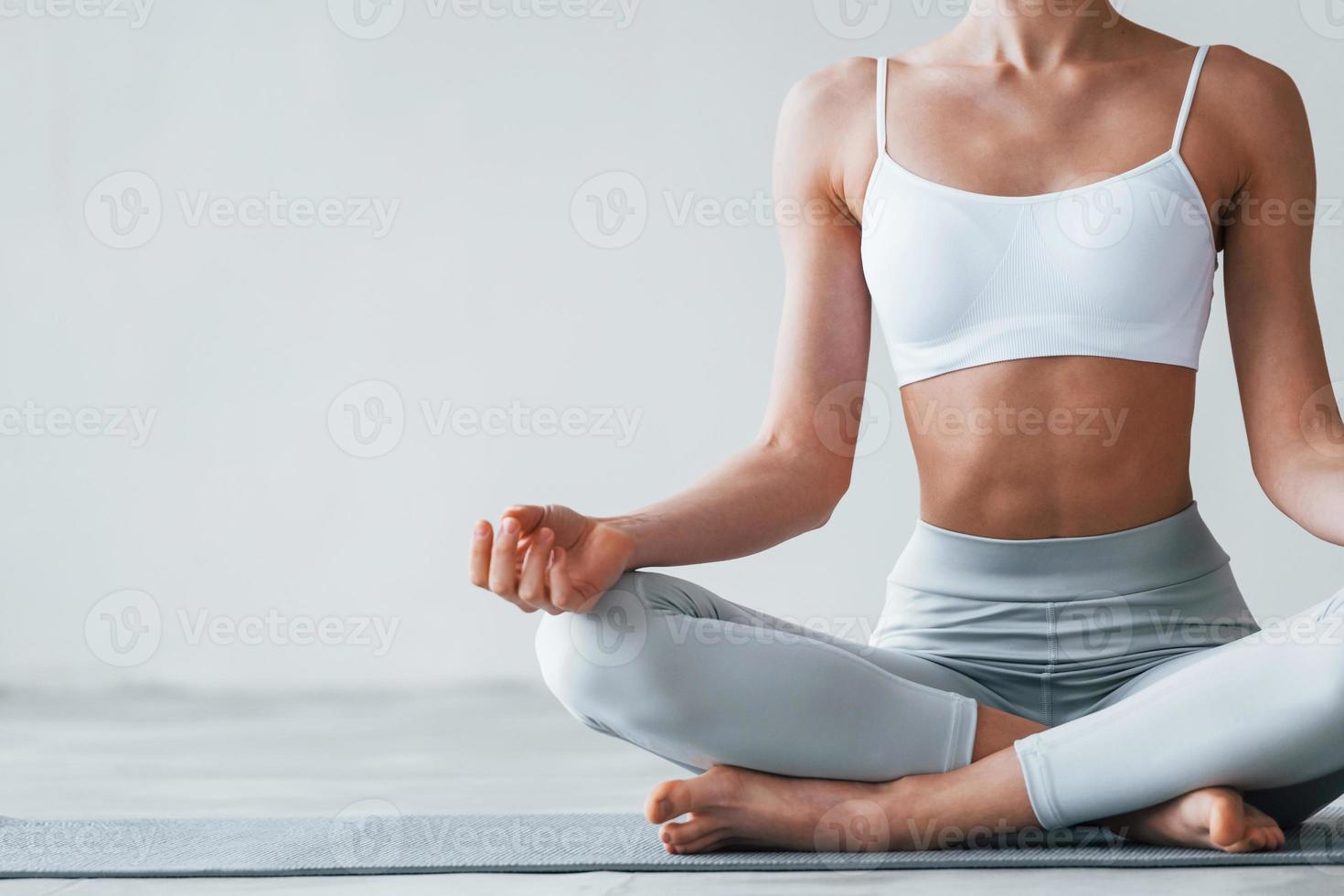 With Yoga Mat. Woman with Sportive Slim Body Type in Underwear