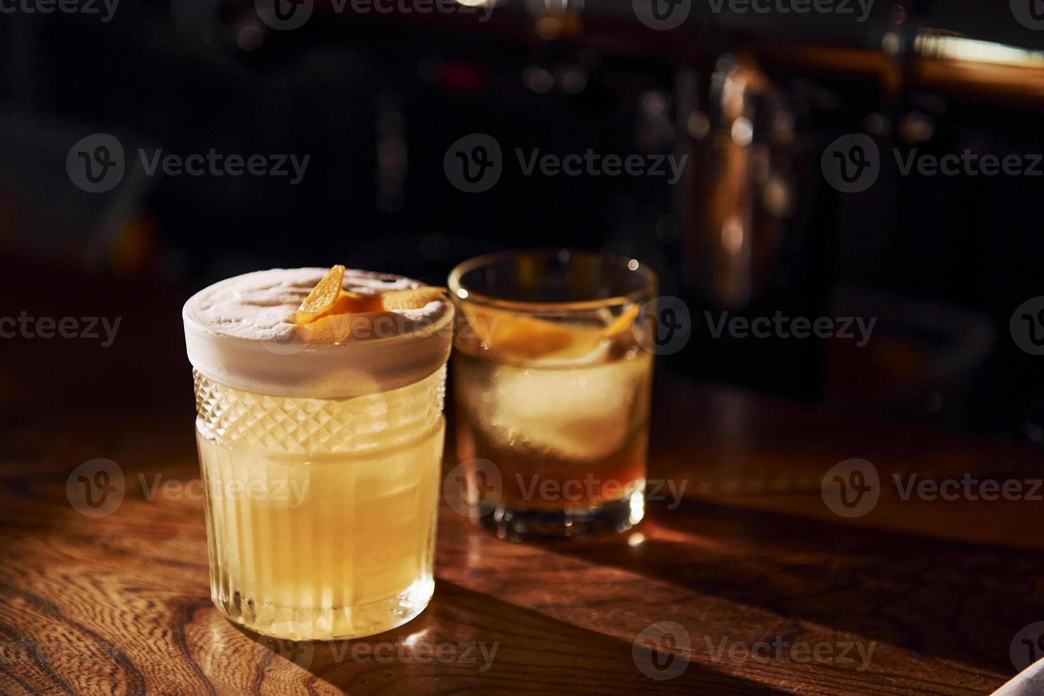 Close up view of fresh summer cocktails on the wooden table photo