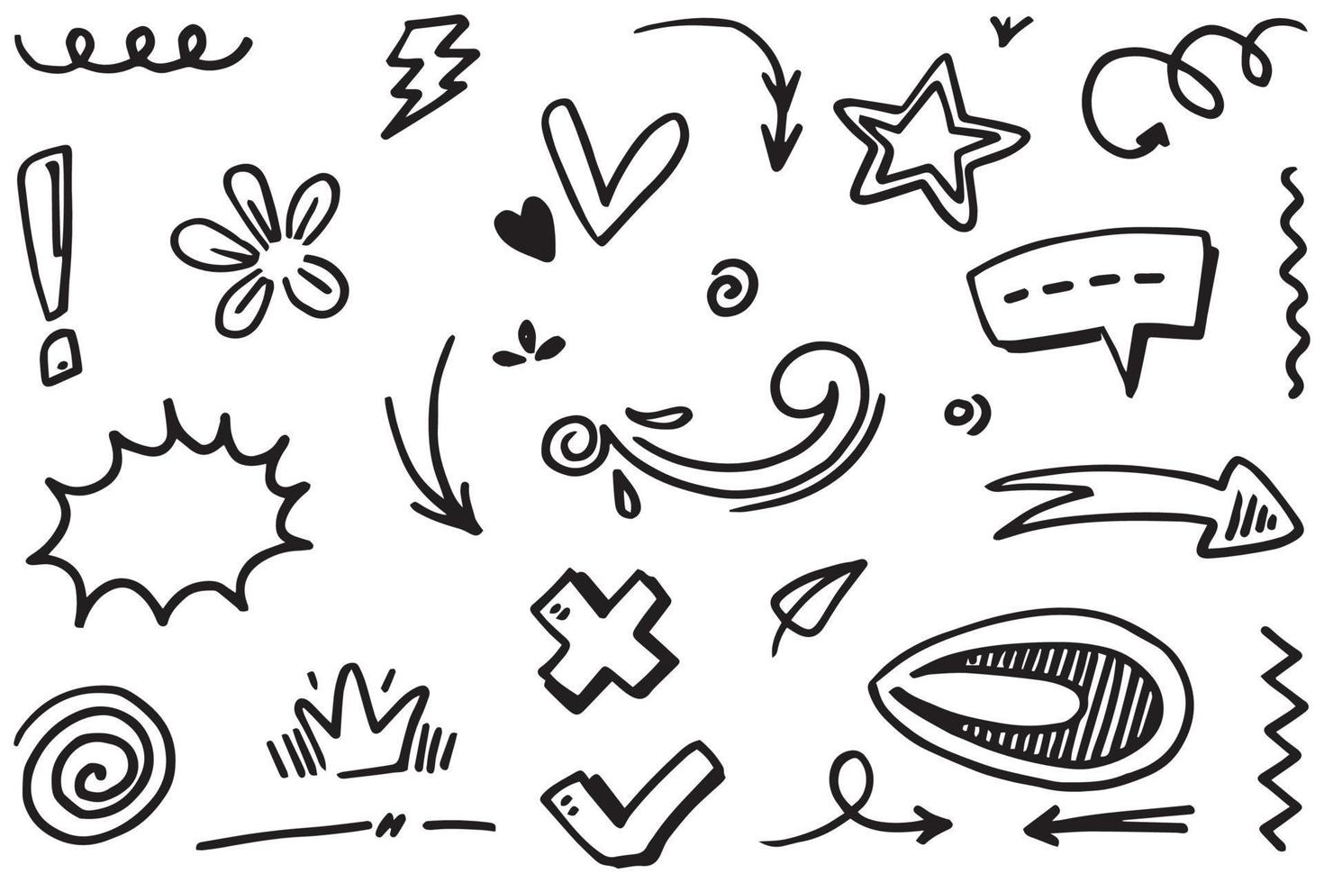 Abstract arrows, ribbons, fireworks, hearts, lightning,love , leaf, stars, cone, crowns and other elements in a hand drawn style for concept designs. Scribble illustration. vector