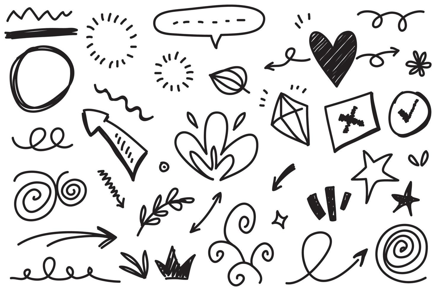 Abstract arrows, ribbons, fireworks, hearts, lightning,love , leaf, stars, cone, crowns and other elements in a hand drawn style for concept designs. Scribble illustration. vector