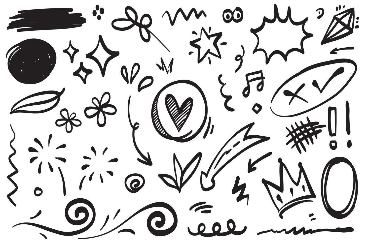 Abstract arrows, ribbons, fireworks, hearts, lightning,love , leaf, stars, cone, crowns and other elements in a hand drawn style for concept designs. Scribble illustration. vector