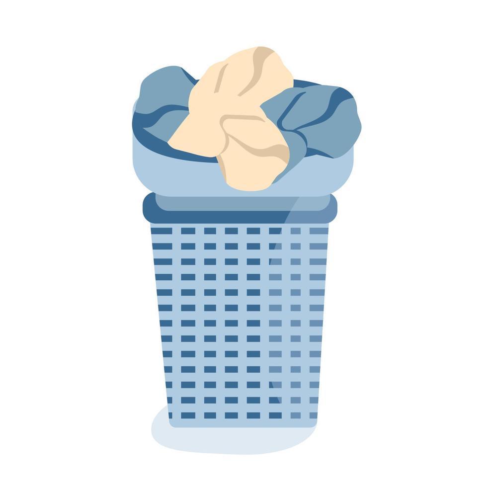 Basket for dirty laundry and basin with towels in vector