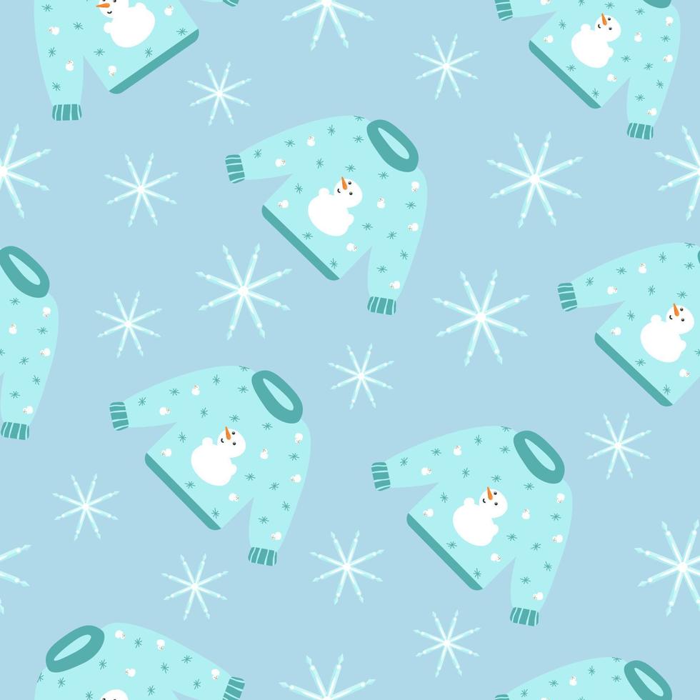 Vector seamless pattern with an ugly sweater and snowflakes on a blue background. Winter theme.